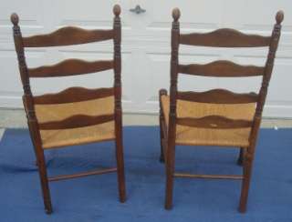 ETHAN ALLEN LADDERBACK DINING CHAIRS RUSH SEATS, CARVED SPINDLES 