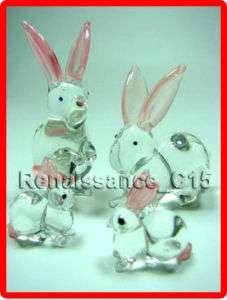 Figurine Animal Hand Blown Glass 4 Lovely Rabbit Family  