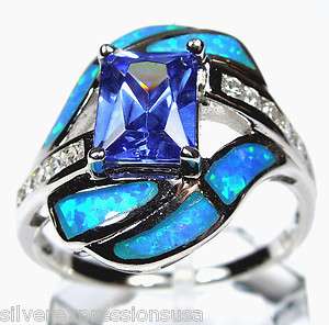 Princess cut Tanzanite and Blue Fire Opal Inlay 925 Sterling Silver 