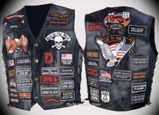 Mens Leather Motorcycle Vest with 41 Patches Lace Biker Patch Lace Up 
