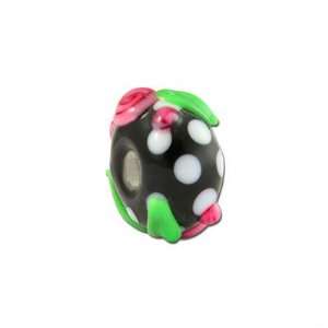   Black with Pink Roses and White Dots Rondelle Glass Beads   Large Hole