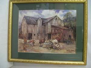 SIGNED LESLIE COPE 1993 BARN WITH HORSES AND COWS PRINT #D883  
