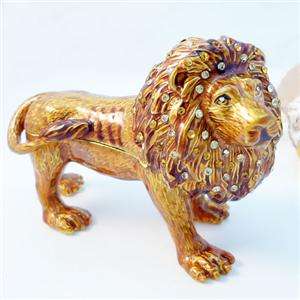 Lion Leo Animal Jewelry Trinket Box Swarovski Crystal Brown Enamel 