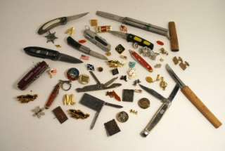 Vintage Junk Drawer lot Estate lot Pins pin backs pocket knifes  