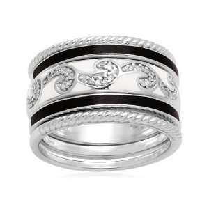 Sterling Silver Black White Enamel Swirl Diamond Stack Ring (1/10 cttw 
