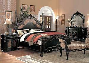 King Poster Bed 6 piece Black Bedroom Set w/ Armoire  