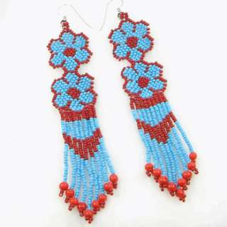 TURQUOISE BLUE CORAL RED CZ SEED BEADED FLOWER EARRINGS  
