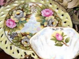 JAPAN ROYAL SEALY IRIDESCENT & ROSES YELLOW PIERCED Tea Cup and Saucer 