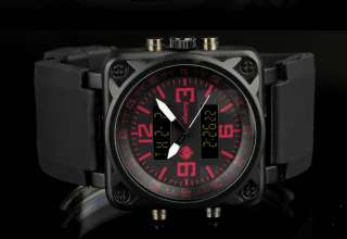   Mens LCD Chronograph Digital Sports Army Quartz Watch Rubber Strap Red