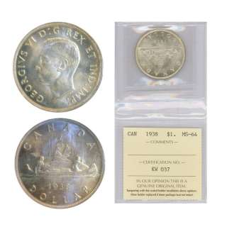 Canada Silver Dollar 1938, Graded by ICCS  