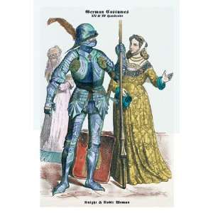 German Costumes Knight with Staff and Noble Woman 24x36 Giclee