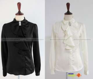   Long Sleeve Shirt Blouse Top Stand Collar White Black WSHT098  