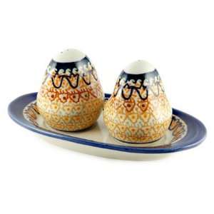  Polish Pottery Fall Moon Salt & Pepper Shakers with Plate 