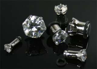 Surgical Steel Prong CZ Clear Black Plugs Tunnel Gauge Body Jewelry O 