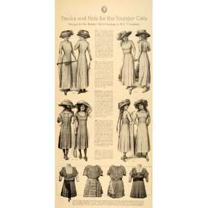  1909 Print Frocks Hat Girl Guimpe Sheer Empire Dress 