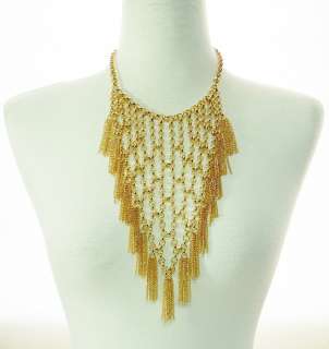 Designer Inspired Chunky Long Fringe Bib Necklace Vintage Gold GP NEW 