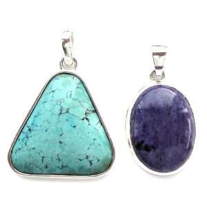 Turquoise Magical Stone Collection With Charoite Oval Pendant Set In 