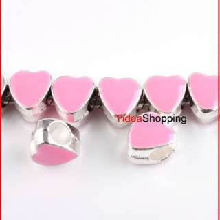 15 x Silver Plated Pink Enamel Heart Charms Beads Fit European 