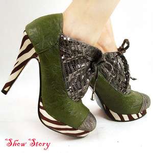 Army Green Lace up Zebra Platform Ankle Boots US Size 8  
