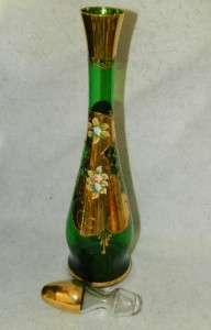 Emerald Green Gold Overlay High Enamel Decanter + 6 Liquor Glasses 