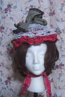 e103 Gothic Victorian Steampunk ooak red bonnet hat  