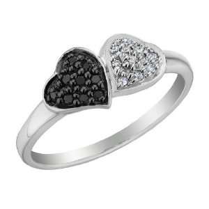 White and Black Double Diamond Heart Promise Ring 1/10 Carat (ctw) in 