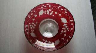 Vintage Floral Design Ruby Flash Glass Lg Footed Bowl  