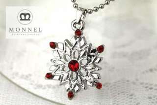 F598 Red Crystal Snowflake Charm Pendant Necklace (+Gift Box)  