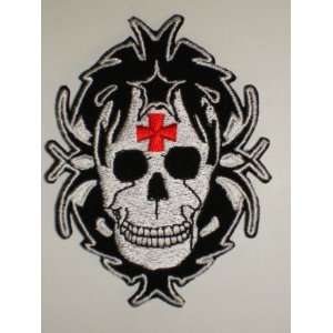  TRIBAL SKULL IRON CROSS Embroidered Patch 3 1/2 X 2 1/2 