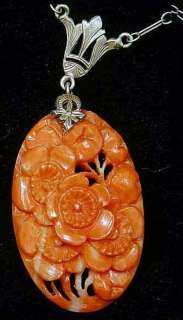 Vintage Walter Lampl Signed 14 Karat Gold Carved Coral Necklace  