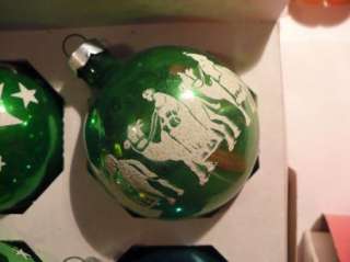 VINTAGE CHRISTMAS GLASS STENCILED TREE ORNAMENTS MADE IN USA IN BOX 