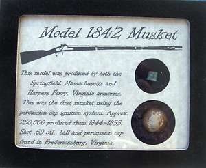 Original Civil War Bullets in Matted Display Case Model 1842 Musket 