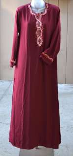   RED Embellished Neckline Caftan Abaya Modest Long Dress Sz M  