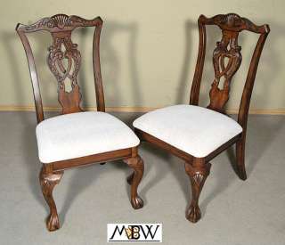 Pair 2 Solid Mahogany Chippendale Cream Side Chairs  