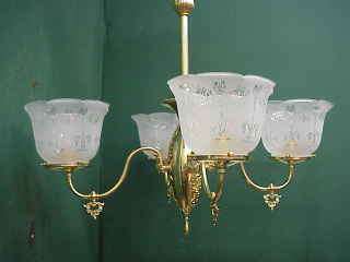   1890 VICTORIAN GAS CHANDELIER ~ 4 ETCHED SHADES ~ ELECTRIFIED  