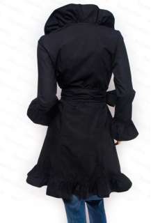  Flounce Collared Ruched Wrap Belt Lined Long Jacket Coat 