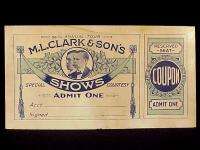 VINTAGE 1921 CIRCUS TICKET UNUSED FOR M.L. CLARK & SONS  