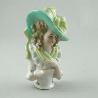 Vintage China Half Pin Doll Green Hat with Large Bow K1  
