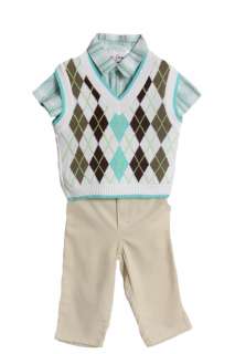 BT Kids Infant Boys (12 24mo) 3pc blue argyle sweater vest & khaki 