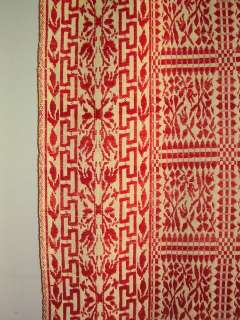   COVERLET c1840 Red Wool + Natrual Cotton TULIPS + FRINGE  