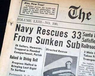 USS SQUALUS Diving Bell Rescue Submarine 1939 Newspaper  