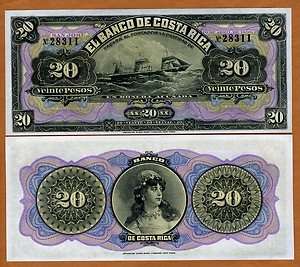 Costa Rica, 20 Pesos, 1899, P S165r, UNC  Woman, Ship  