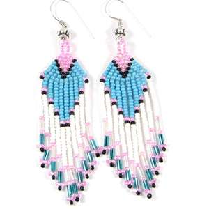 TURQUOISE BLUE WHITE PINK BEADS BEADED ZULU EARRINGS  