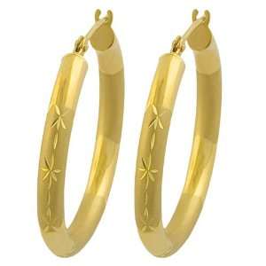  14 Karat Yellow Gold Diamond Cut Satin Hoop Earrings (35 
