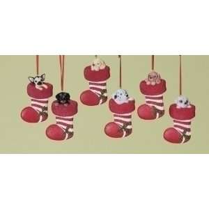 of 12 Red & White Striped Christmas Stocking Ornaments with Puppy Dogs 
