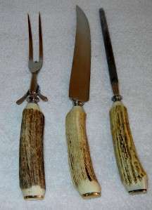 Vintage Carving Set Antler Handle Knife Fork Knife Sharpener Stainless 