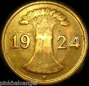 German Weimar Republic Reichspfennig Coin 1924F  