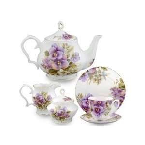  Purple Pansy 12pc. Tea Set, Teapot, 4 Cups & Saucers 
