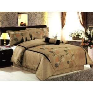  7 Pc Embroidered Flower Bed Comforter Set Coffee Brown 