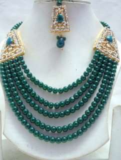 Valentine Emerald 5 Strand Gold Tone Bollywood Polki Necklace Jewelry 
